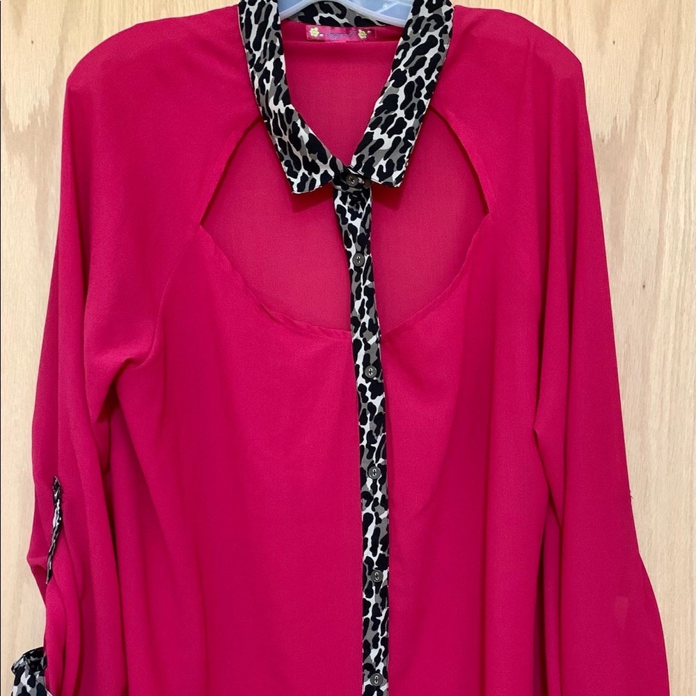 Fuchsia 3X Animal Print Blouse - Semi Sheer